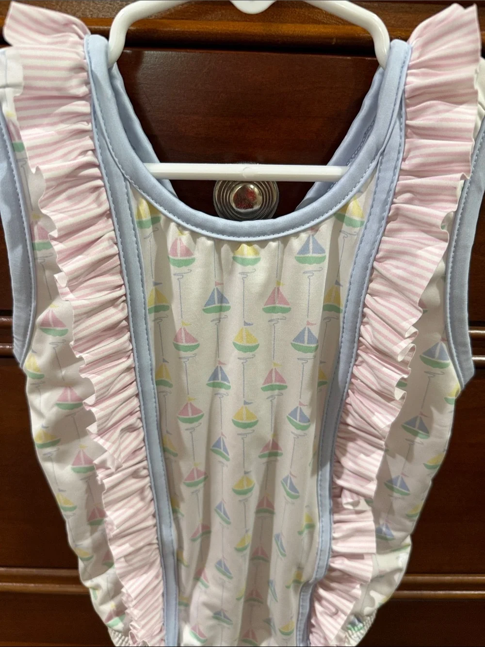 Girls' Pastel Sailboat Ruffle One-Piece Swimsuit - Pink & Light Blue